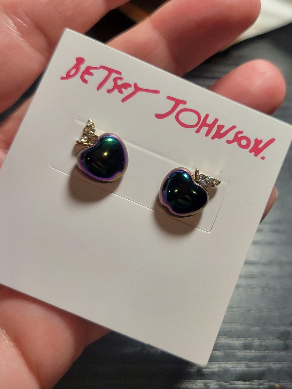 Betsey Johnson Iridescent Heart Wing Stud Earrings - Green/Purple
